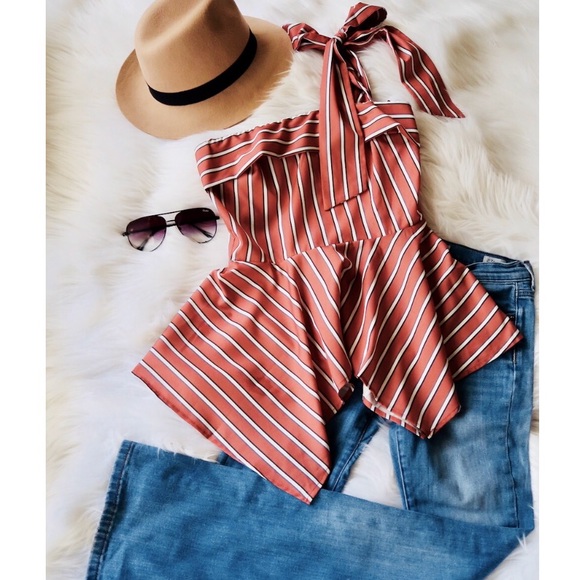 Tops - MELODY- One-Shoulder Bow Tie Peplum Top
